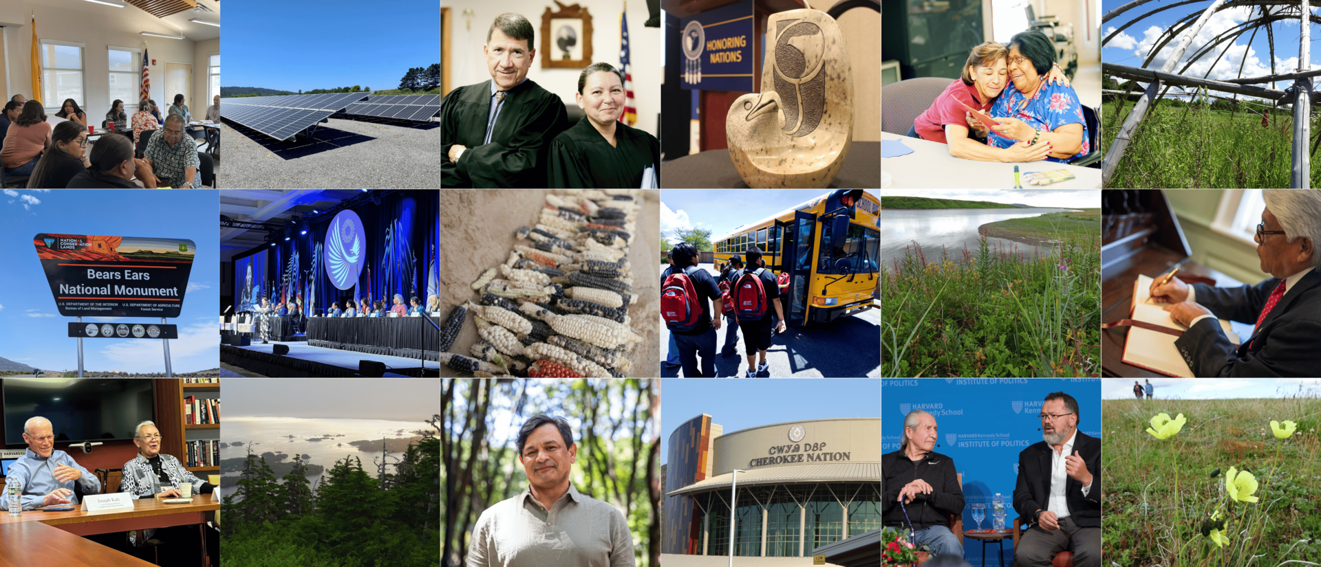 18 squares with images of nature and people from across Indian Country