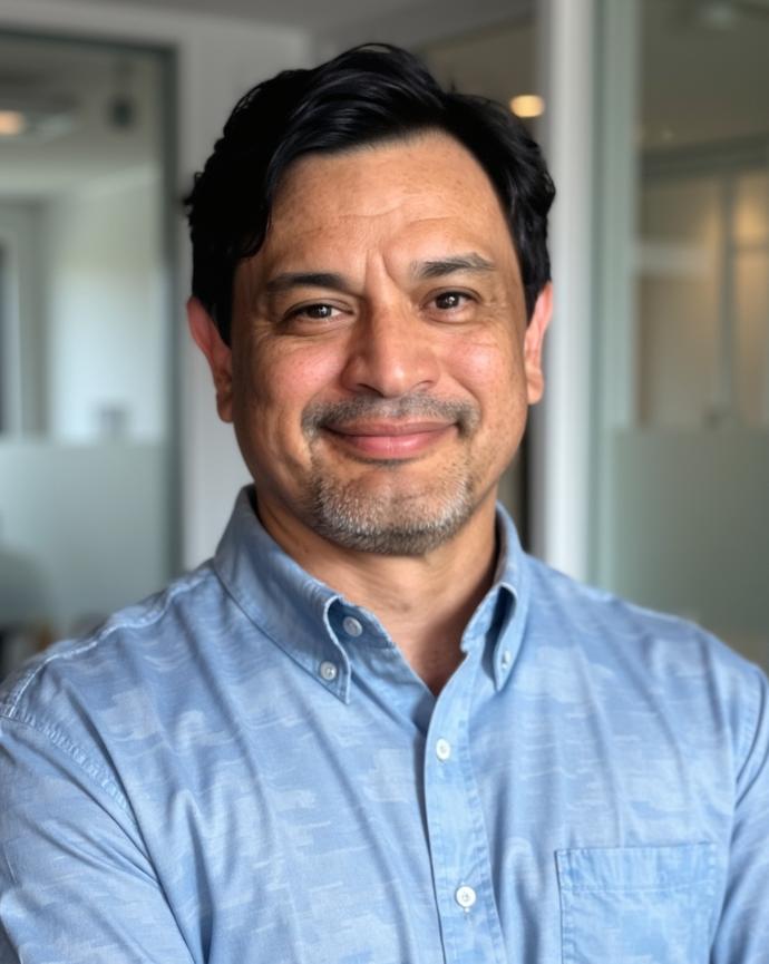 Man with dark hair wearing a light blue collared shirt.